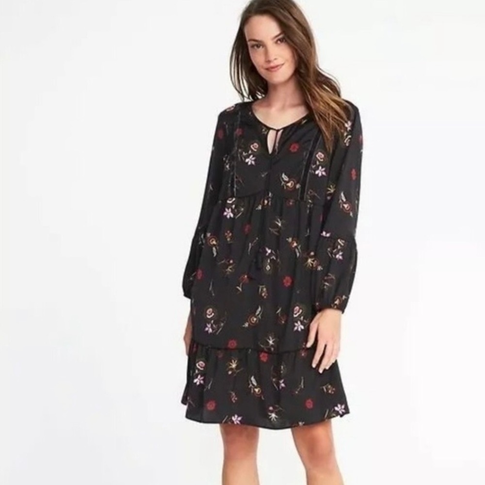 Old Navy floral print black peasant dress boho S small loose fit cottagecore